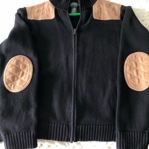 Lauren Ralph Lauren Rare Vintage. Black Full zip cardigan, suede patches. Medium